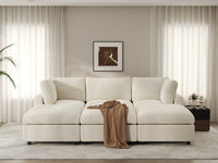 Seccional en L para espacio grande Deluxe Cloud de 3 plazas, beige | 6 piezas (incluye 3 pufs), tela de chenilla mezcla de lino, fácil de limpiar