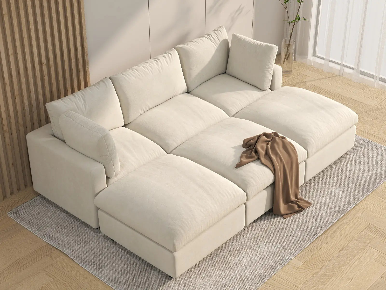 Seccional en L para espacio grande Deluxe Cloud de 3 plazas, beige | 6 piezas (incluye 3 pufs), tela de chenilla mezcla de lino, fácil de limpiar