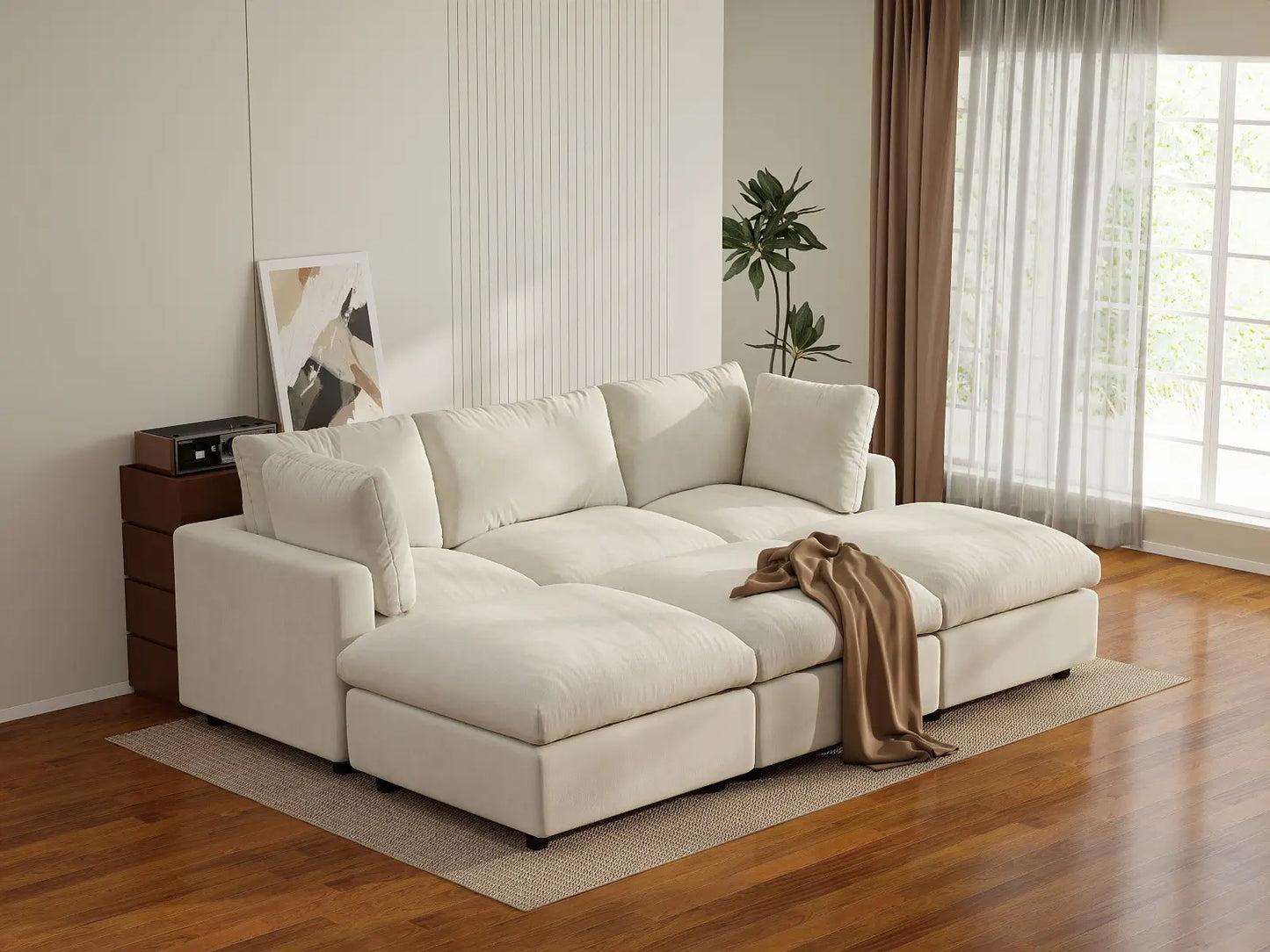 Seccional en L para espacio grande Deluxe Cloud de 3 plazas, beige | 6 piezas (incluye 3 pufs), tela de chenilla mezcla de lino, fácil de limpiar