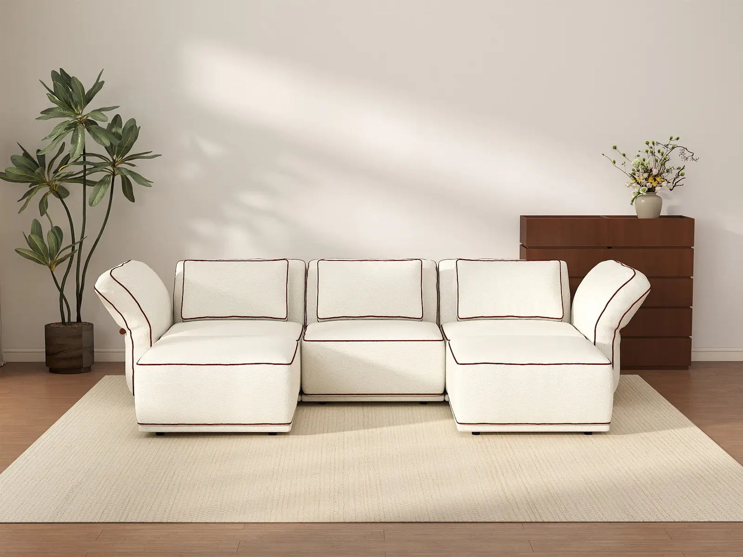 Deluxe Cloud 3-Seater Beige Large Space U-Shaped Sectional | 5-Piece (Includes 2 Ottomans), Bouclé Sherpa-Like Fabric, Easy To Clean