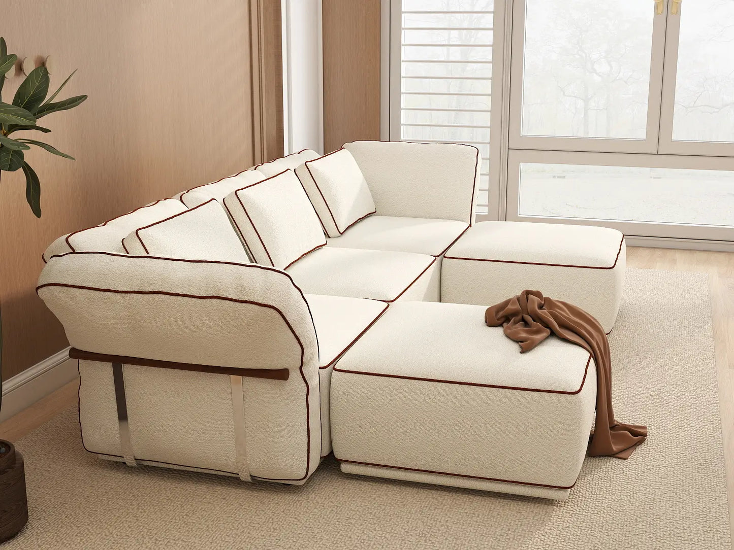 Deluxe Cloud 3-Seater Beige Large Space U-Shaped Sectional | 5-Piece (Includes 2 Ottomans), Bouclé Sherpa-Like Fabric, Easy To Clean