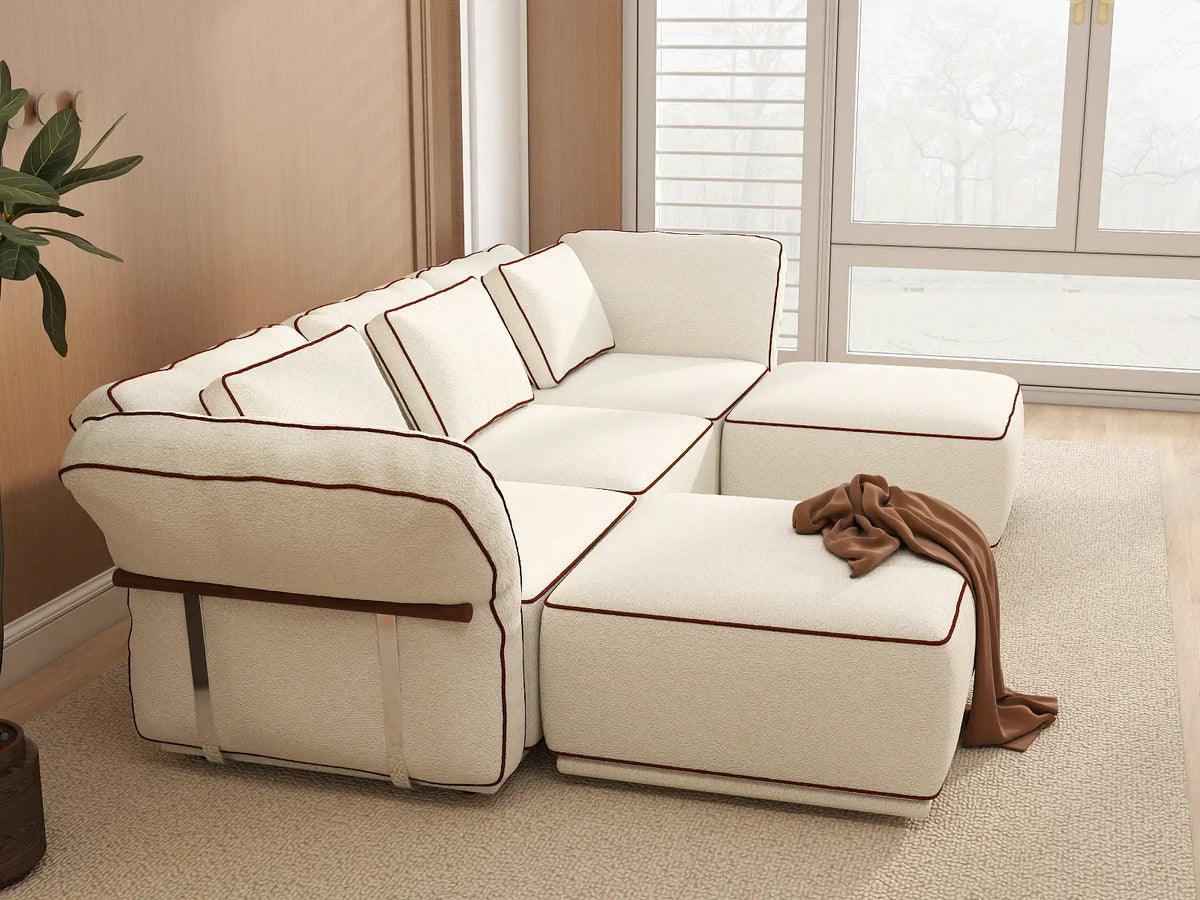 Deluxe Cloud 3-Seater Beige Large Space U-Shaped Sectional | 5-Piece (Includes 2 Ottomans), Bouclé Sherpa-Like Fabric, Easy To Clean