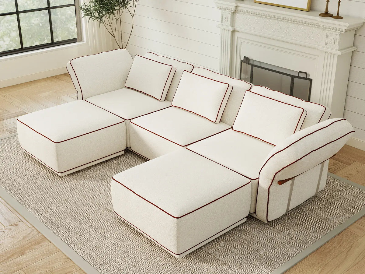 Deluxe Cloud 3-Seater Beige Large Space U-Shaped Sectional | 5-Piece (Includes 2 Ottomans), Bouclé Sherpa-Like Fabric, Easy To Clean