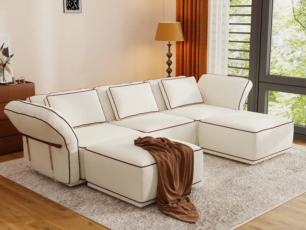 Deluxe Cloud 3-Seater Beige Large Space U-Shaped Sectional | 5-Piece (Includes 2 Ottomans), Bouclé Sherpa-Like Fabric, Easy To Clean