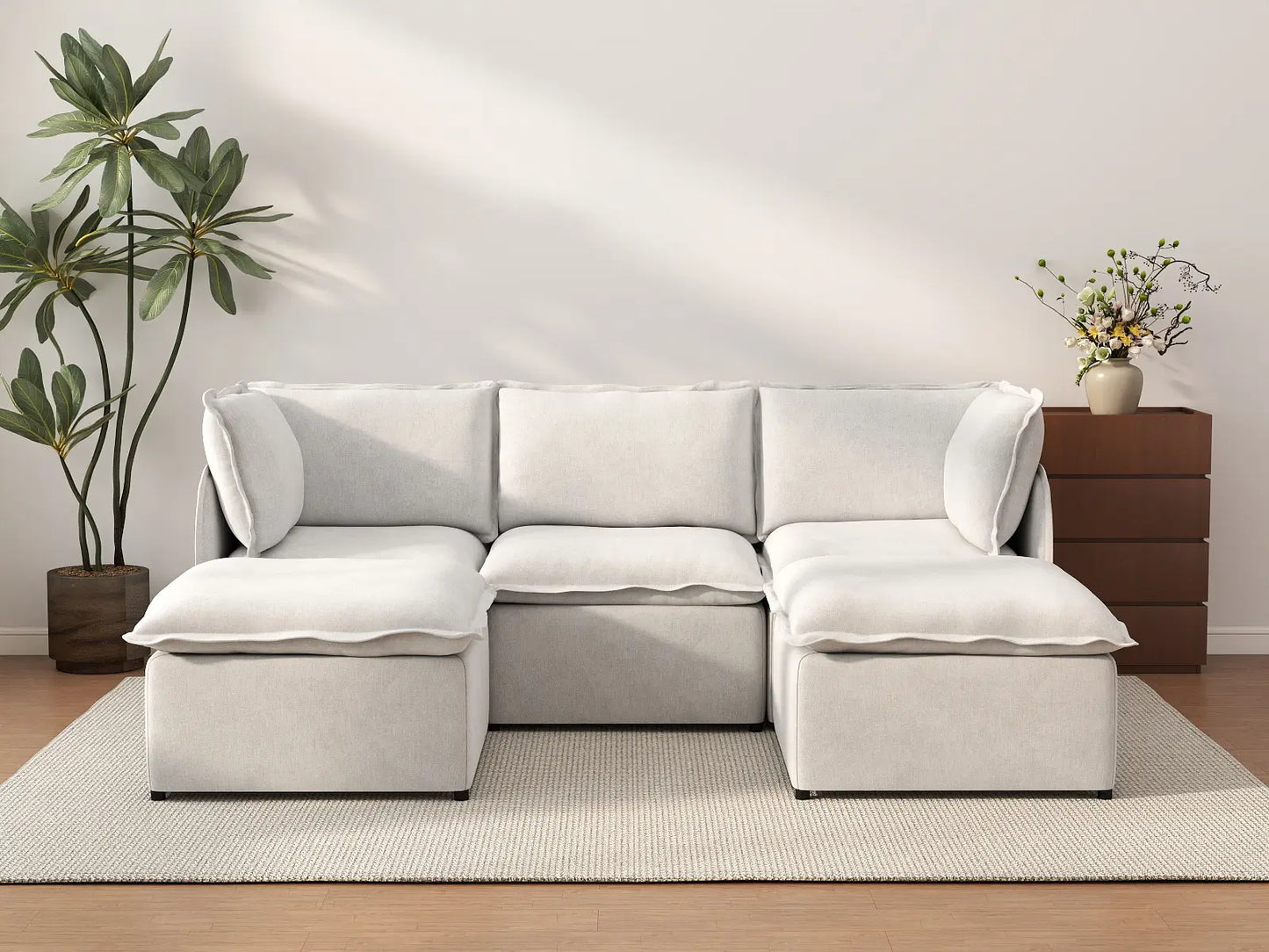 Deluxe Cloud 3-Seater Beige Large Space U-Shaped Sectional | 5-Piece (Includes 2 Ottomans), Linen Look Poly Fabric, Easy To Clean