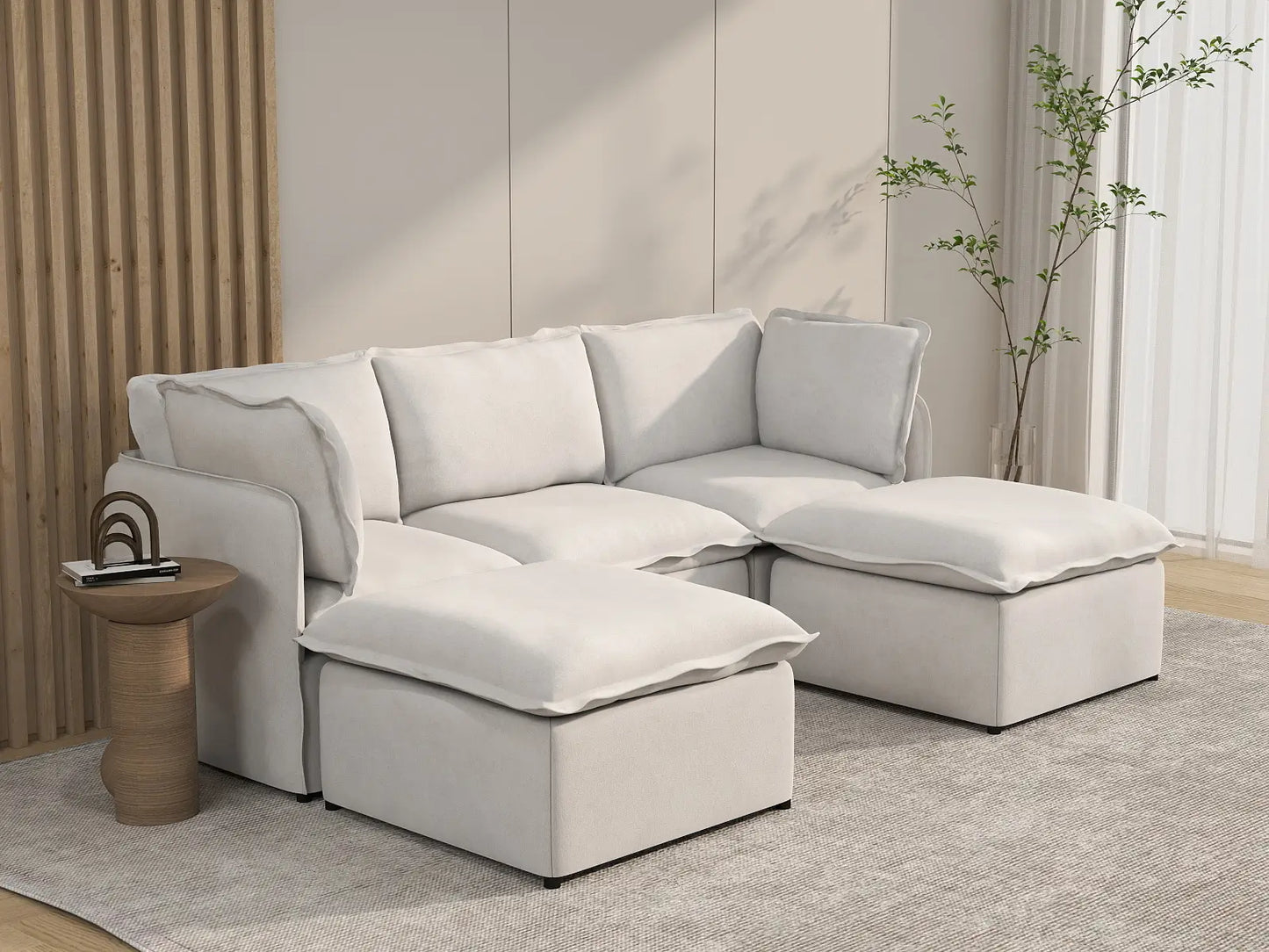 Deluxe Cloud 3-Seater Beige Large Space U-Shaped Sectional | 5-Piece (Includes 2 Ottomans), Linen Look Poly Fabric, Easy To Clean