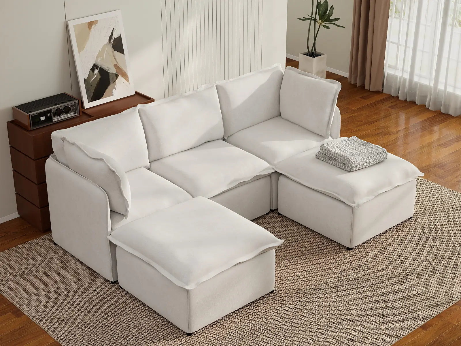 Deluxe Cloud 3-Seater Beige Large Space U-Shaped Sectional | 5-Piece (Includes 2 Ottomans), Linen Look Poly Fabric, Easy To Clean