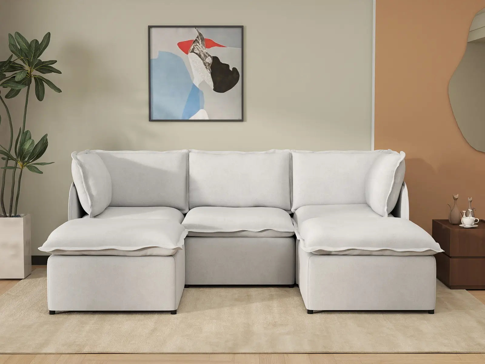 Deluxe Cloud 3-Seater Beige Large Space U-Shaped Sectional | 5-Piece (Includes 2 Ottomans), Linen Look Poly Fabric, Easy To Clean