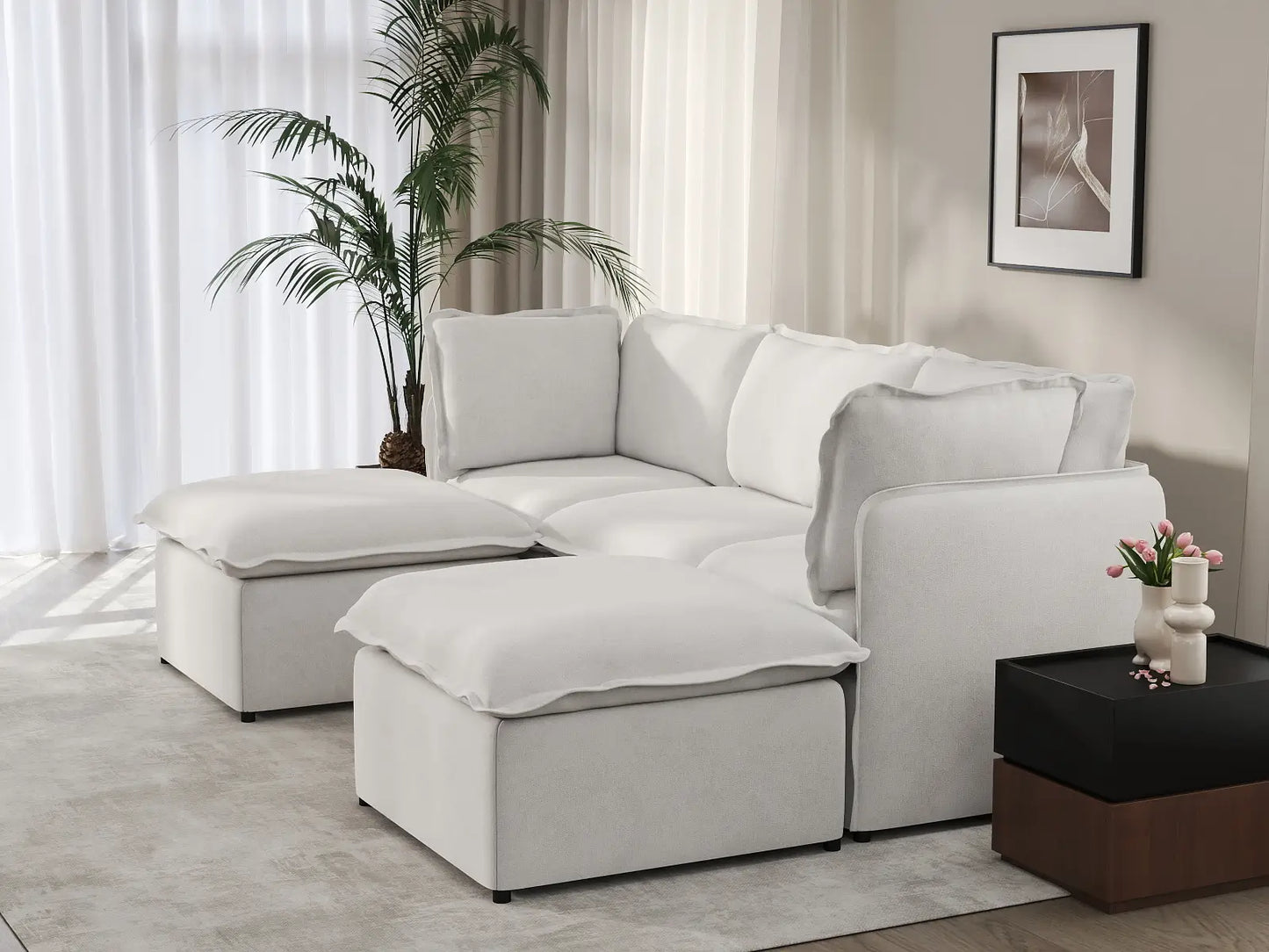 Deluxe Cloud 3-Seater Beige Large Space U-Shaped Sectional | 5-Piece (Includes 2 Ottomans), Linen Look Poly Fabric, Easy To Clean