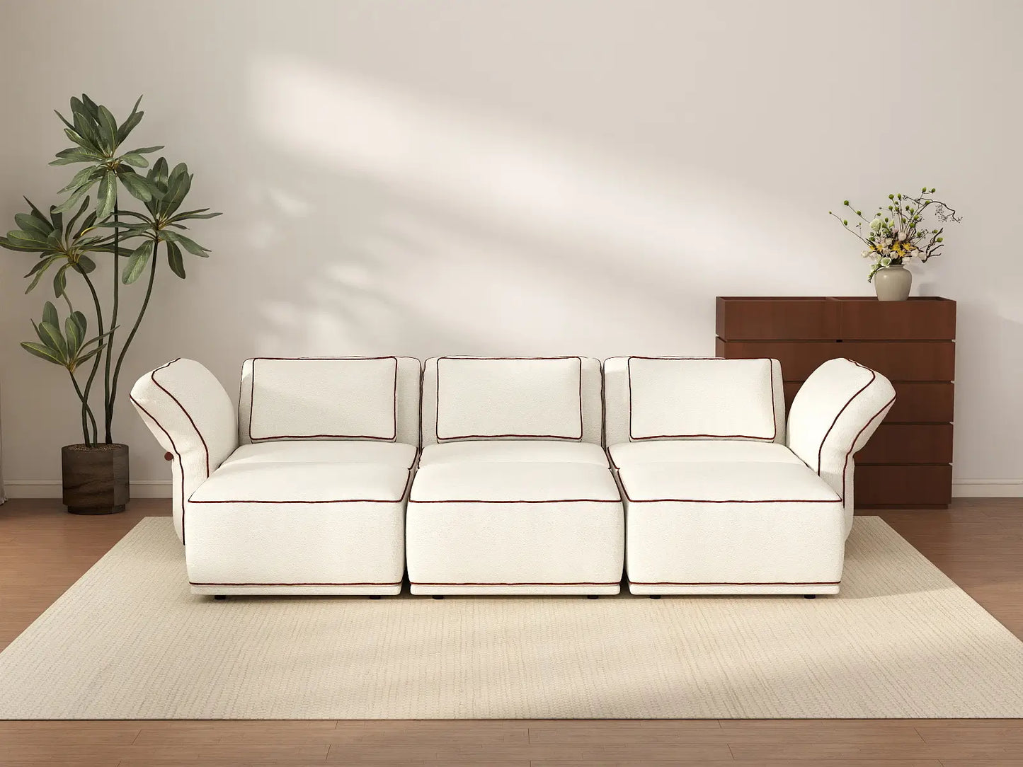 Deluxe Cloud 3-Seater Beige Large Space U-Shaped Sectional | 6-Piece (Includes 3 Ottomans), Bouclé Sherpa-Like Fabric, Easy To Clean