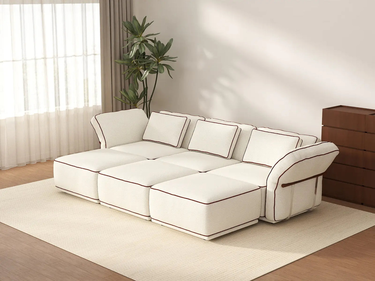 Deluxe Cloud 3-Seater Beige Large Space U-Shaped Sectional | 6-Piece (Includes 3 Ottomans), Bouclé Sherpa-Like Fabric, Easy To Clean