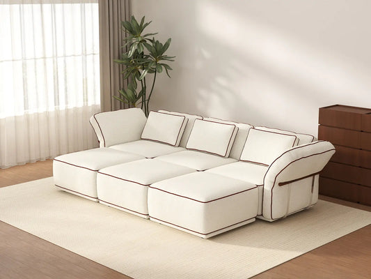 Deluxe Cloud 3-Seater Beige Large Space U-Shaped Sectional | 6-Piece (Includes 3 Ottomans), Bouclé Sherpa-Like Fabric, Easy To Clean