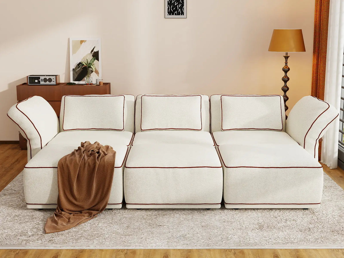 Deluxe Cloud 3-Seater Beige Large Space U-Shaped Sectional | 6-Piece (Includes 3 Ottomans), Bouclé Sherpa-Like Fabric, Easy To Clean