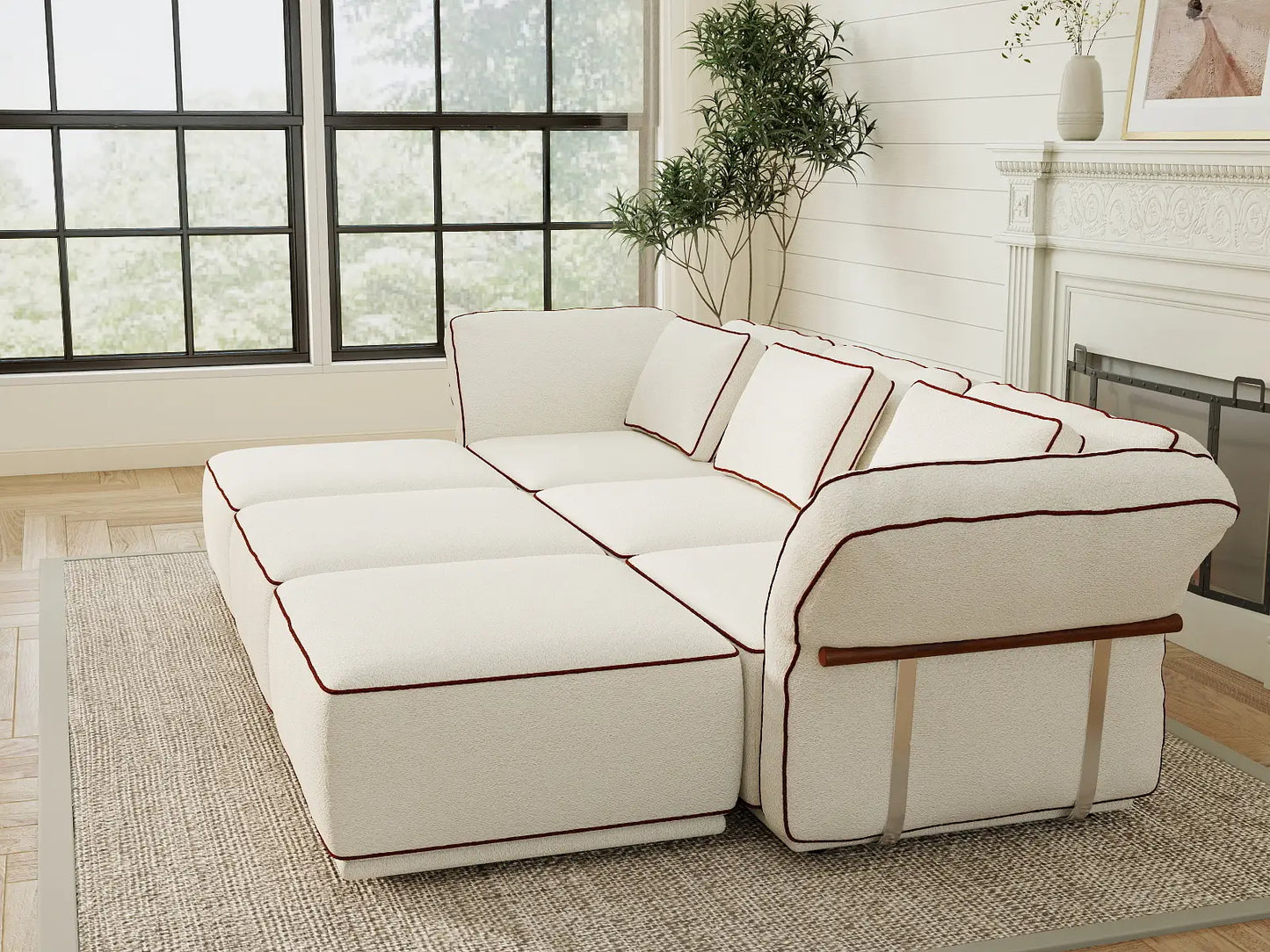 Deluxe Cloud 3-Seater Beige Large Space U-Shaped Sectional | 6-Piece (Includes 3 Ottomans), Bouclé Sherpa-Like Fabric, Easy To Clean