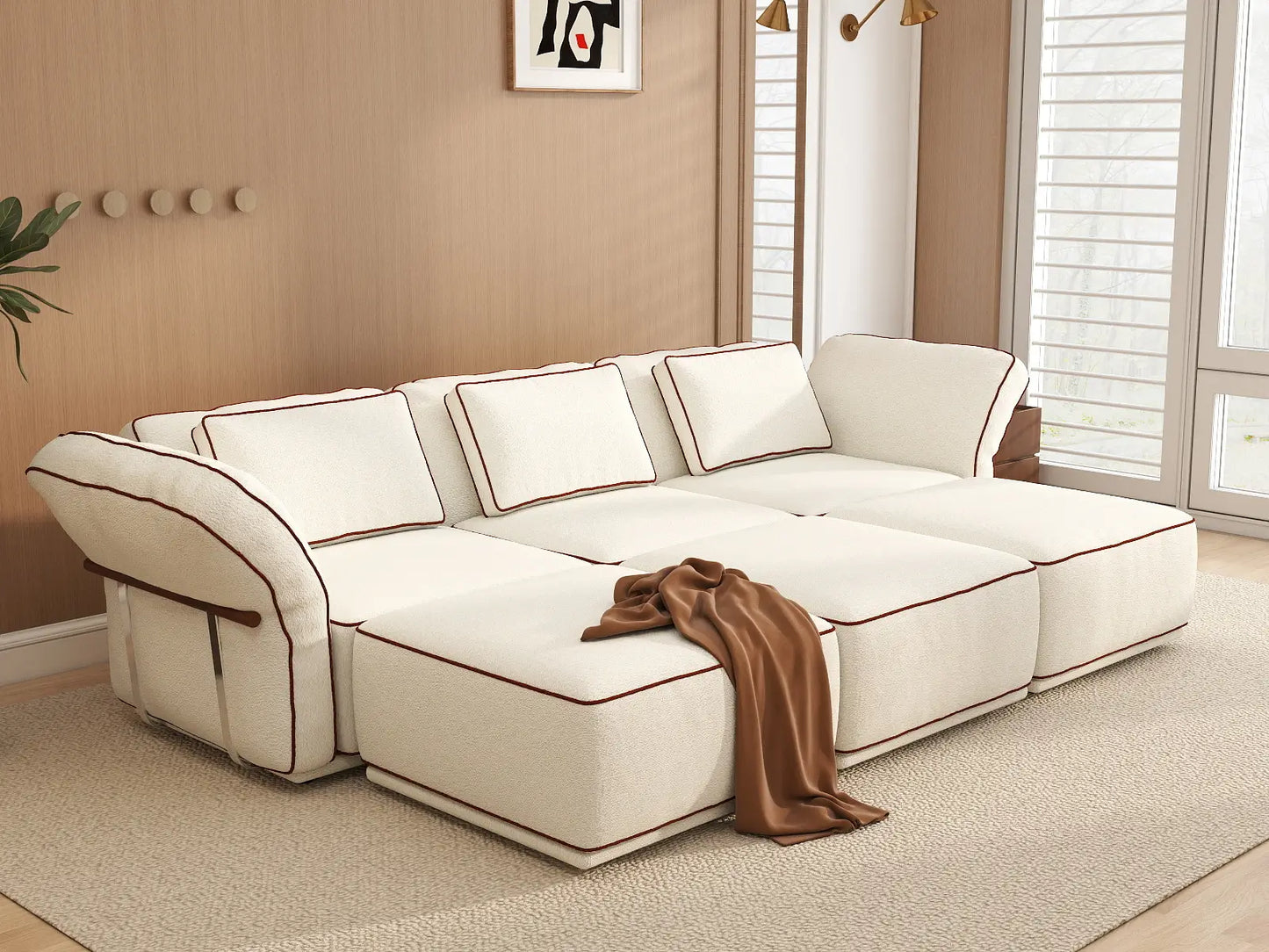 Deluxe Cloud 3-Seater Beige Large Space U-Shaped Sectional | 6-Piece (Includes 3 Ottomans), Bouclé Sherpa-Like Fabric, Easy To Clean