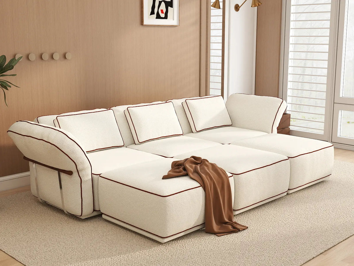 Deluxe Cloud 3-Seater Beige Large Space U-Shaped Sectional | 6-Piece (Includes 3 Ottomans), Bouclé Sherpa-Like Fabric, Easy To Clean