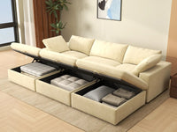 Deluxe Cloud 3-Seater Beige Pit Sectional | 6-Piece (Includes 3 Ottomans), Velvet Fabric, Family Room Seating, Washable Cushion Covers