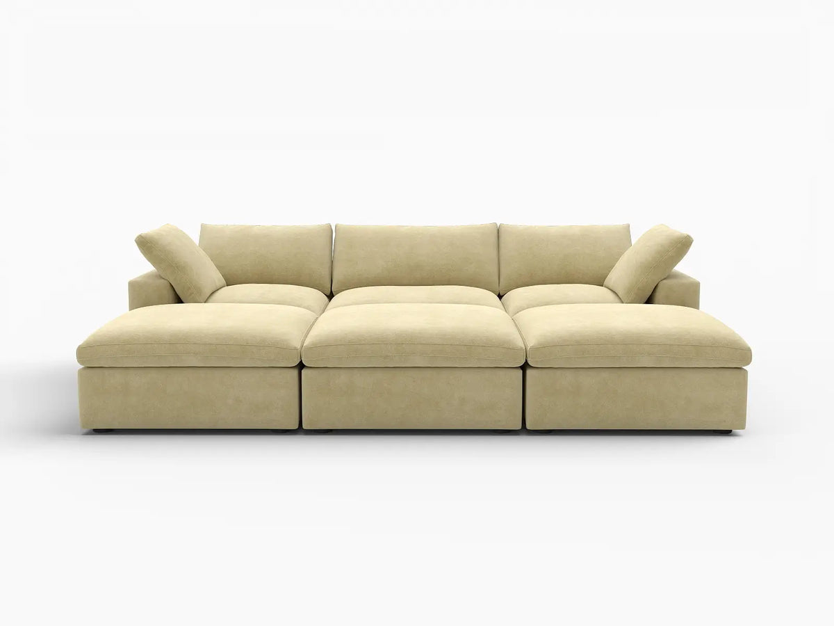 Deluxe Cloud 3-Seater Beige Pit Sectional | 6-Piece (Includes 3 Ottomans), Velvet Fabric, Family Room Seating, Washable Cushion Covers