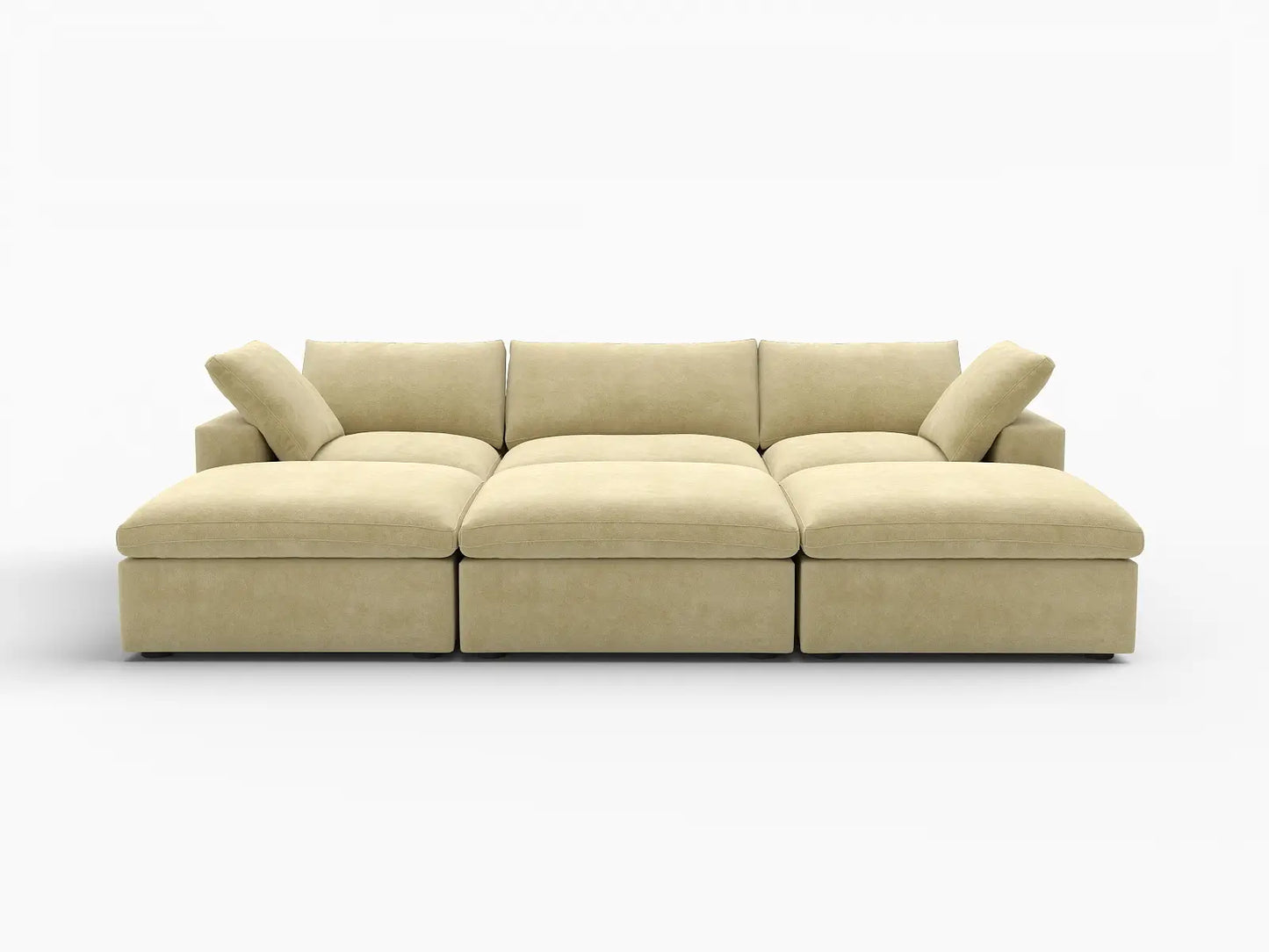 Deluxe Cloud 3-Seater Beige Pit Sectional | 6-Piece (Includes 3 Ottomans), Velvet Fabric, Family Room Seating, Washable Cushion Covers