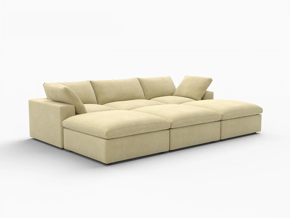 Deluxe Cloud 3-Seater Beige Pit Sectional | 6-Piece (Includes 3 Ottomans), Velvet Fabric, Family Room Seating, Washable Cushion Covers