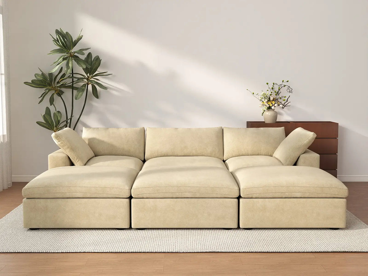 Deluxe Cloud 3-Seater Beige Pit Sectional | 6-Piece (Includes 3 Ottomans), Velvet Fabric, Family Room Seating, Washable Cushion Covers