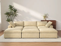 Deluxe Cloud 3-Seater Beige Pit Sectional | 6-Piece (Includes 3 Ottomans), Velvet Fabric, Family Room Seating, Washable Cushion Covers