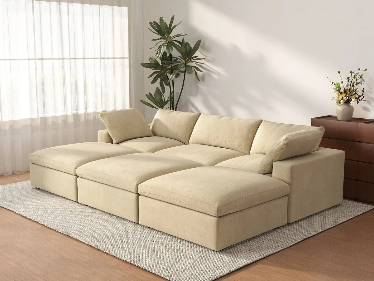 Deluxe Cloud 3-Seater Beige Pit Sectional | 6-Piece (Includes 3 Ottomans), Velvet Fabric, Family Room Seating, Washable Cushion Covers