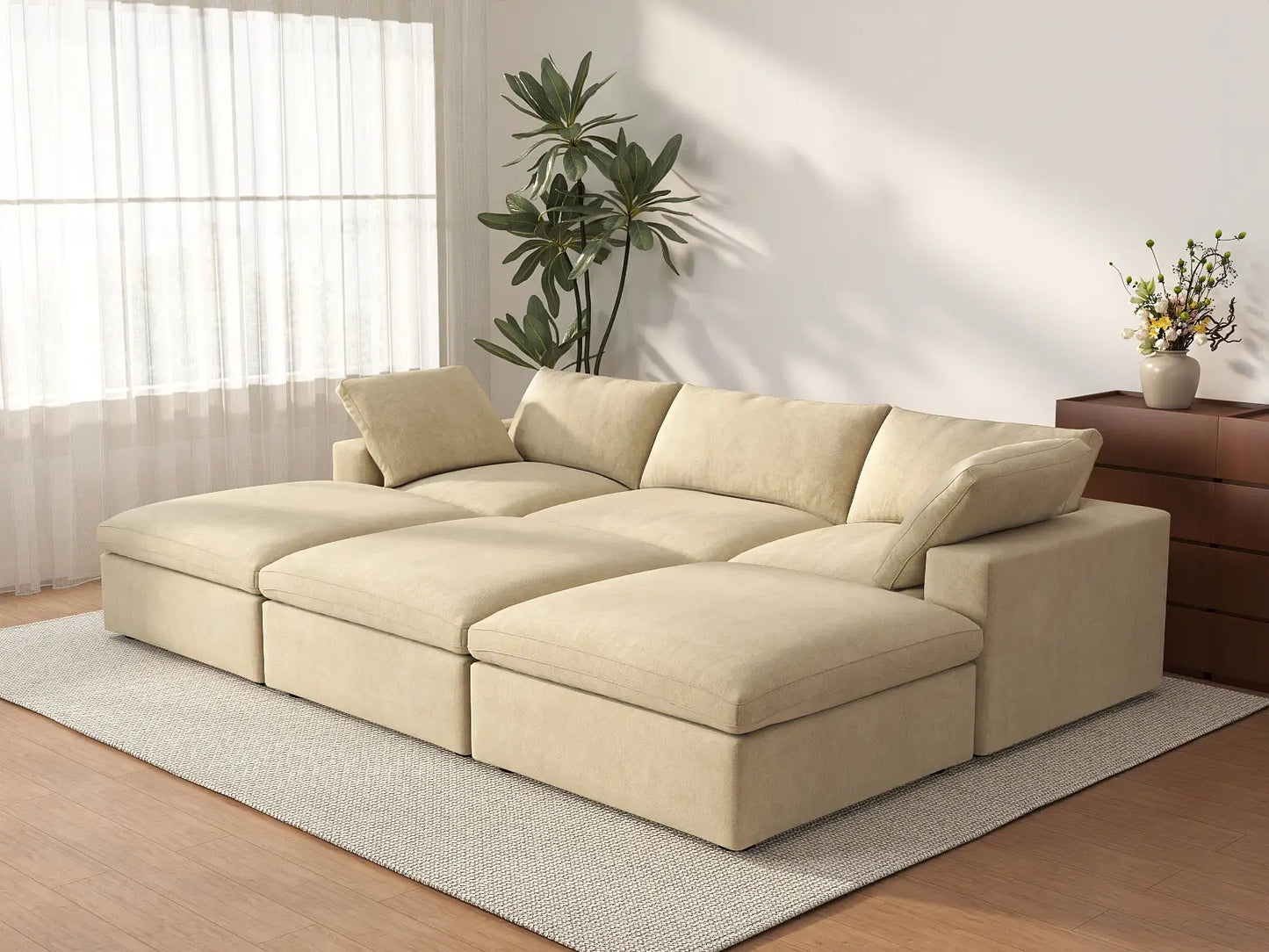 Deluxe Cloud 3-Seater Beige Pit Sectional | 6-Piece (Includes 3 Ottomans), Velvet Fabric, Family Room Seating, Washable Cushion Covers