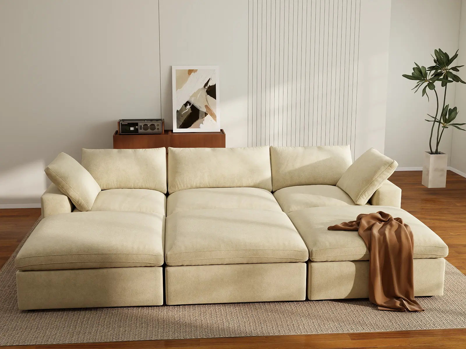 Deluxe Cloud 3-Seater Beige Pit Sectional | 6-Piece (Includes 3 Ottomans), Velvet Fabric, Family Room Seating, Washable Cushion Covers