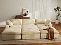 Deluxe Cloud 3-Seater Beige Pit Sectional | 6-Piece (Includes 3 Ottomans), Velvet Fabric, Family Room Seating, Washable Cushion Covers