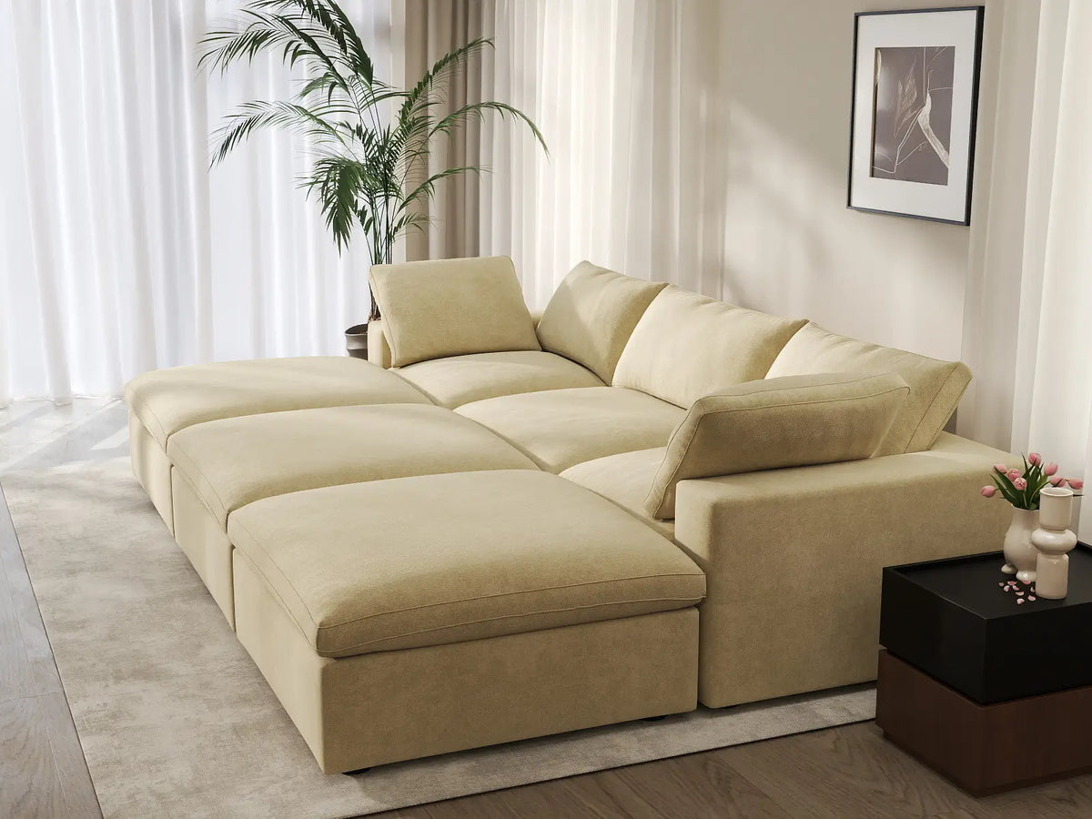 Deluxe Cloud 3-Seater Beige Pit Sectional | 6-Piece (Includes 3 Ottomans), Velvet Fabric, Family Room Seating, Washable Cushion Covers
