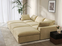 Deluxe Cloud 3-Seater Beige Pit Sectional | 6-Piece (Includes 3 Ottomans), Velvet Fabric, Family Room Seating, Washable Cushion Covers