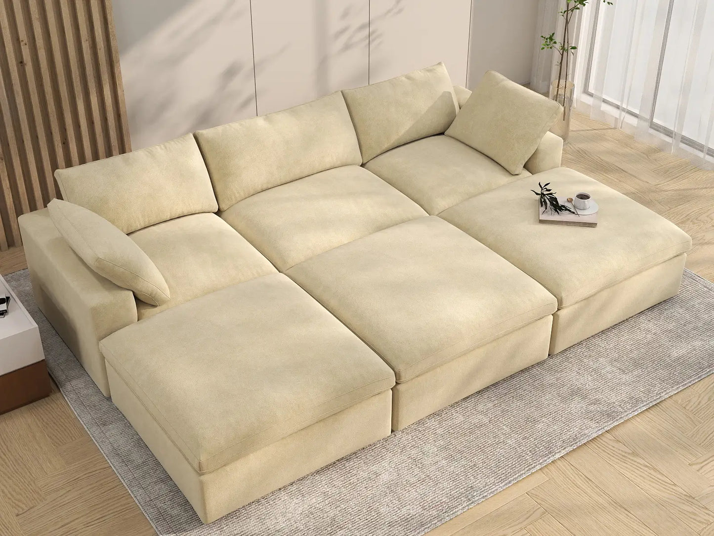 Deluxe Cloud 3-Seater Beige Pit Sectional | 6-Piece (Includes 3 Ottomans), Velvet Fabric, Family Room Seating, Washable Cushion Covers