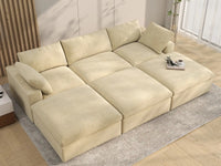 Deluxe Cloud 3-Seater Beige Pit Sectional | 6-Piece (Includes 3 Ottomans), Velvet Fabric, Family Room Seating, Washable Cushion Covers