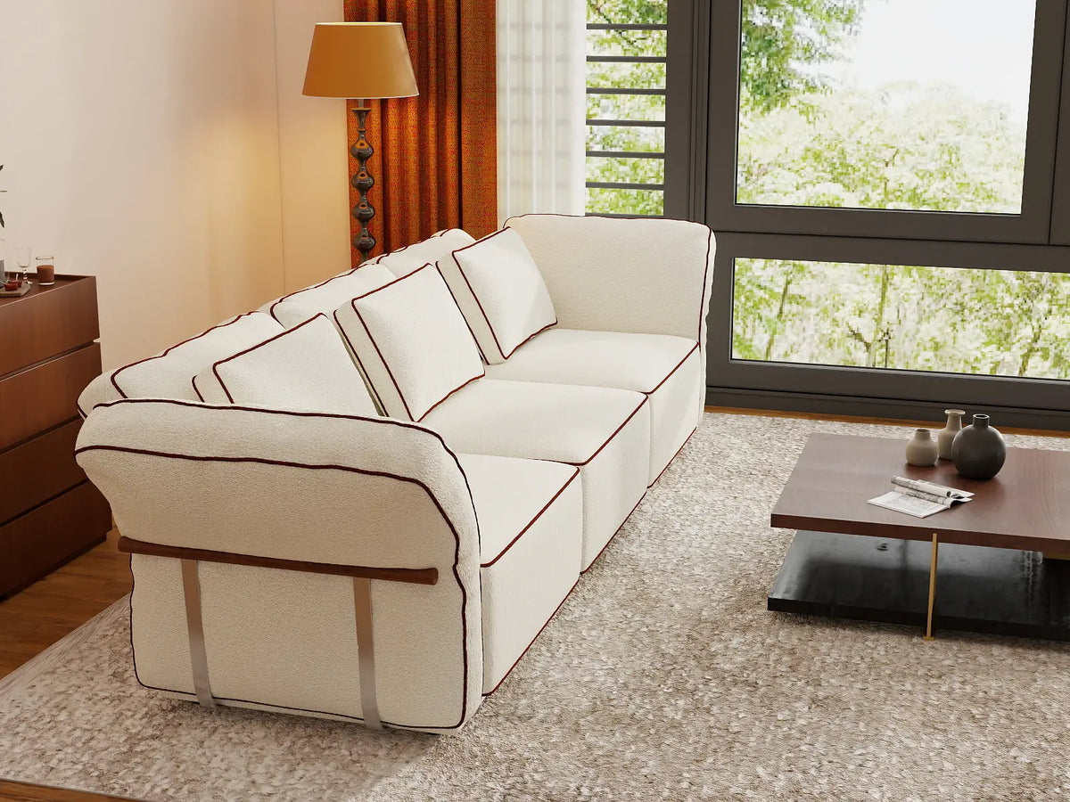 Deluxe Cloud 3-Seater Beige Small Space Couch Sectional | 3-Piece, Bouclé Sherpa-Like Fabric, Easy To Clean
