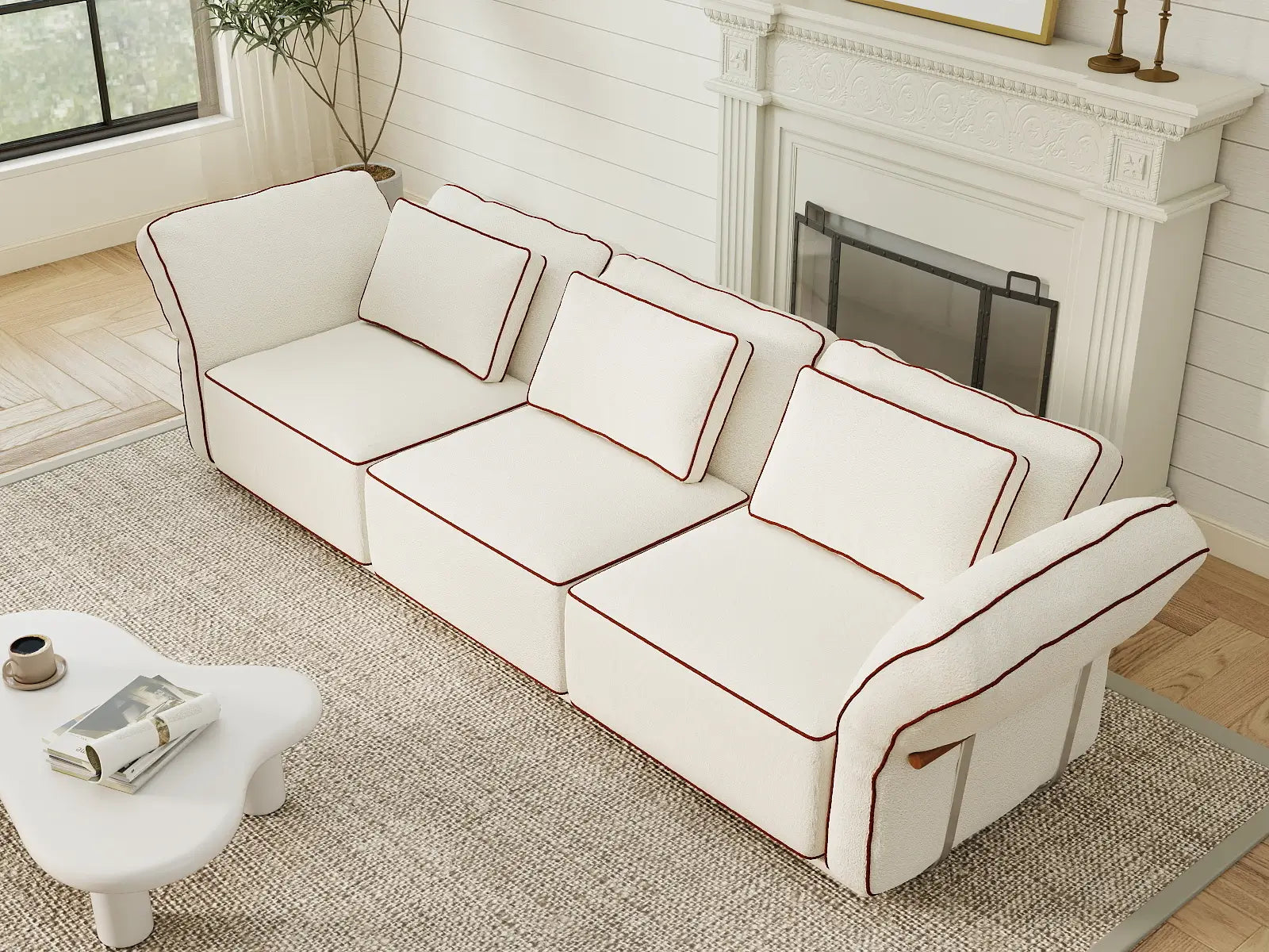 Deluxe Cloud 3-Seater Beige Small Space Couch Sectional | 3-Piece, Bouclé Sherpa-Like Fabric, Easy To Clean
