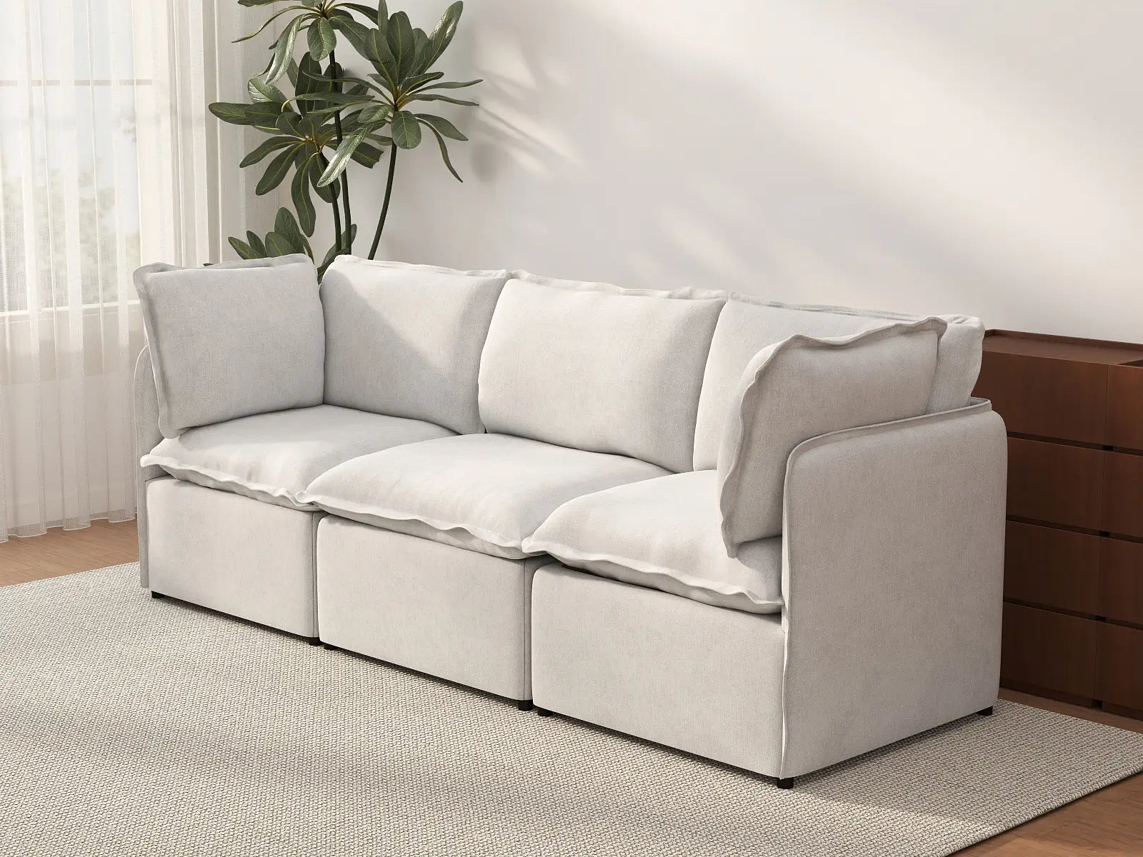 Deluxe Cloud 3-Seater Beige Small Space Couch Sectional | 3-Piece, Linen Look Poly Fabric, Easy To Clean