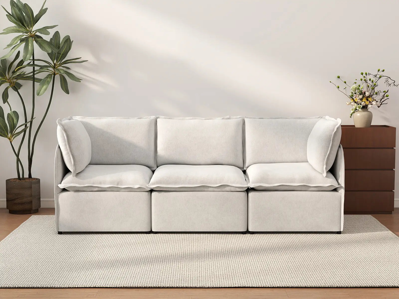 Deluxe Cloud 3-Seater Beige Small Space Couch Sectional | 3-Piece, Linen Look Poly Fabric, Easy To Clean