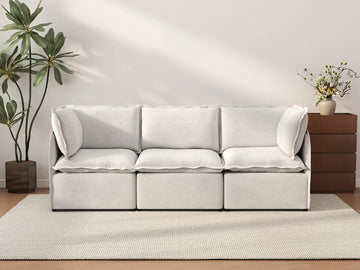 Deluxe Cloud 3-Seater Beige Small Space Couch Sectional | 3-Piece, Linen Look Poly Fabric, Easy To Clean