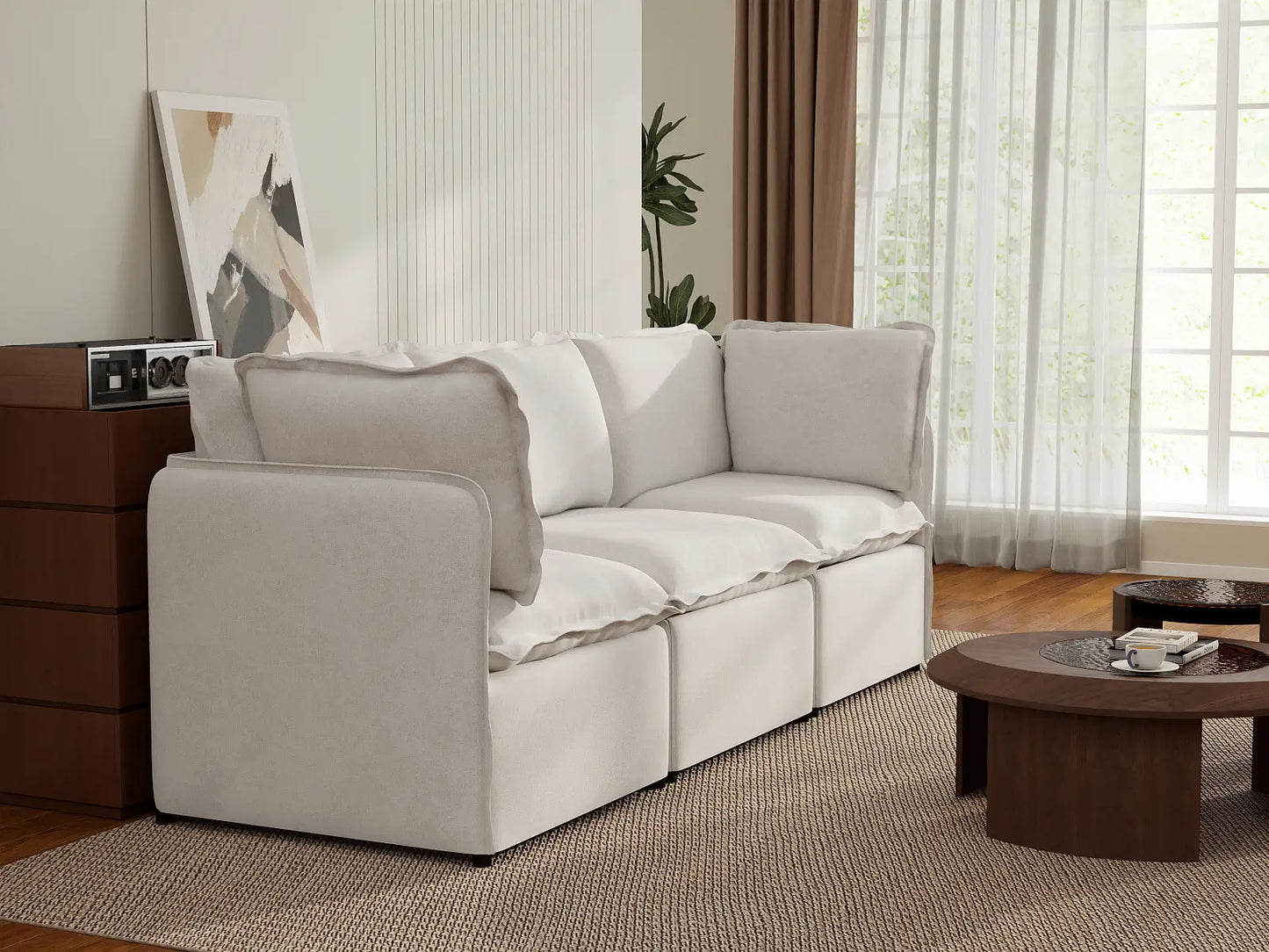 Deluxe Cloud 3-Seater Beige Small Space Couch Sectional | 3-Piece, Linen Look Poly Fabric, Easy To Clean