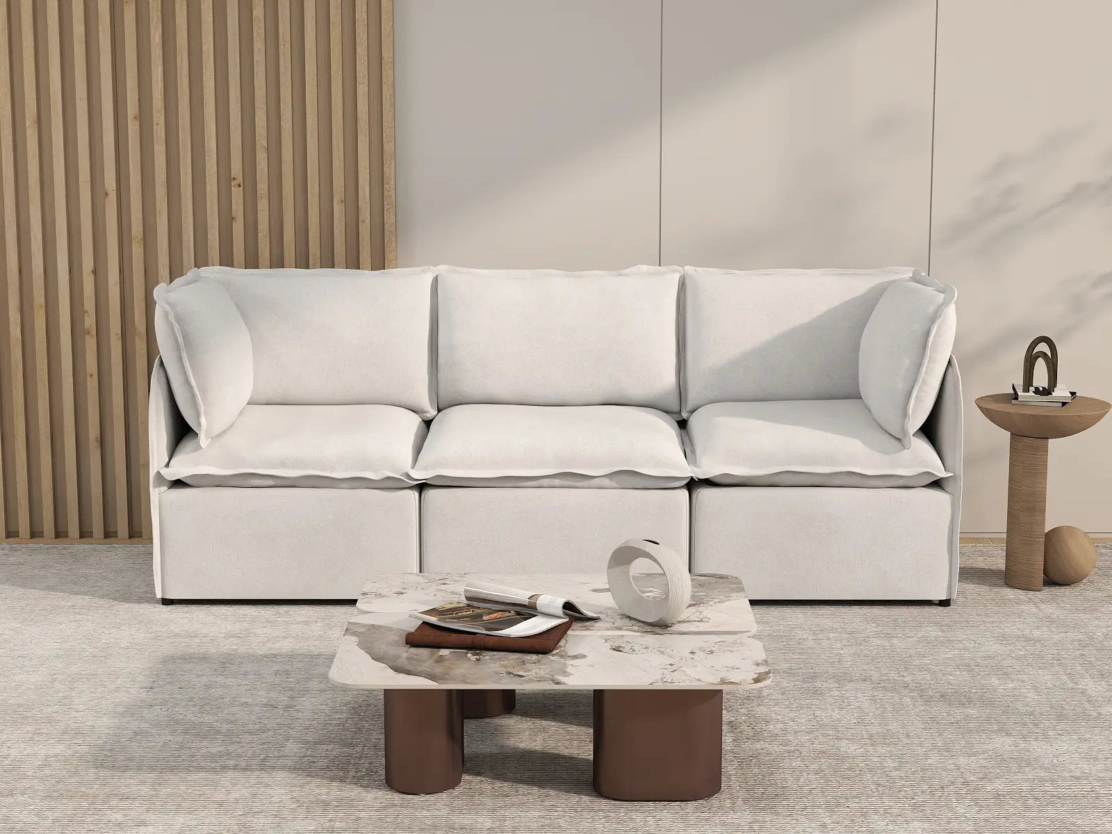 Deluxe Cloud 3-Seater Beige Small Space Couch Sectional | 3-Piece, Linen Look Poly Fabric, Easy To Clean