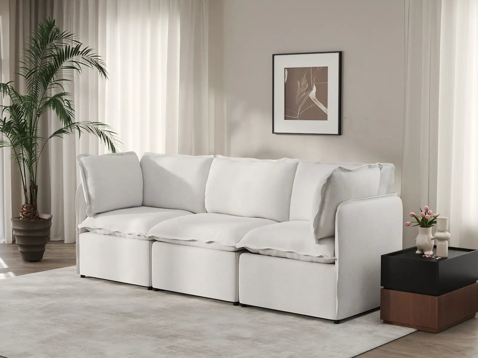 Deluxe Cloud 3-Seater Beige Small Space Couch Sectional | 3-Piece, Linen Look Poly Fabric, Easy To Clean