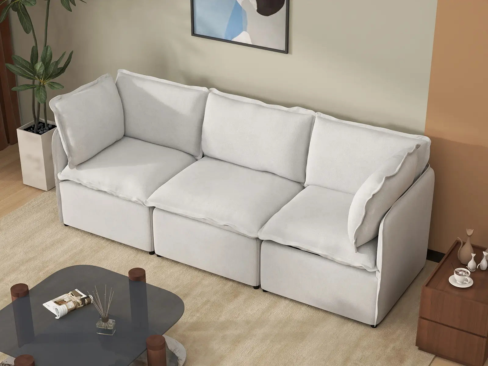 Deluxe Cloud 3-Seater Beige Small Space Couch Sectional | 3-Piece, Linen Look Poly Fabric, Easy To Clean
