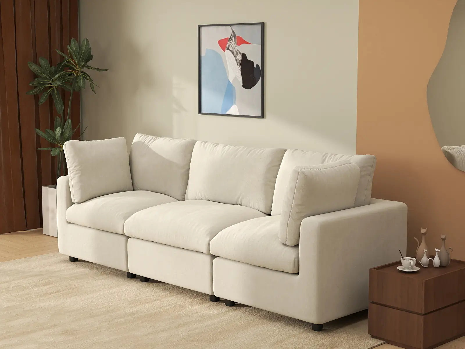Sofá seccional de 3 plazas Deluxe Cloud beige para espacios pequeños | 3 piezas, tela de chenilla mezcla de lino, fácil de limpiar