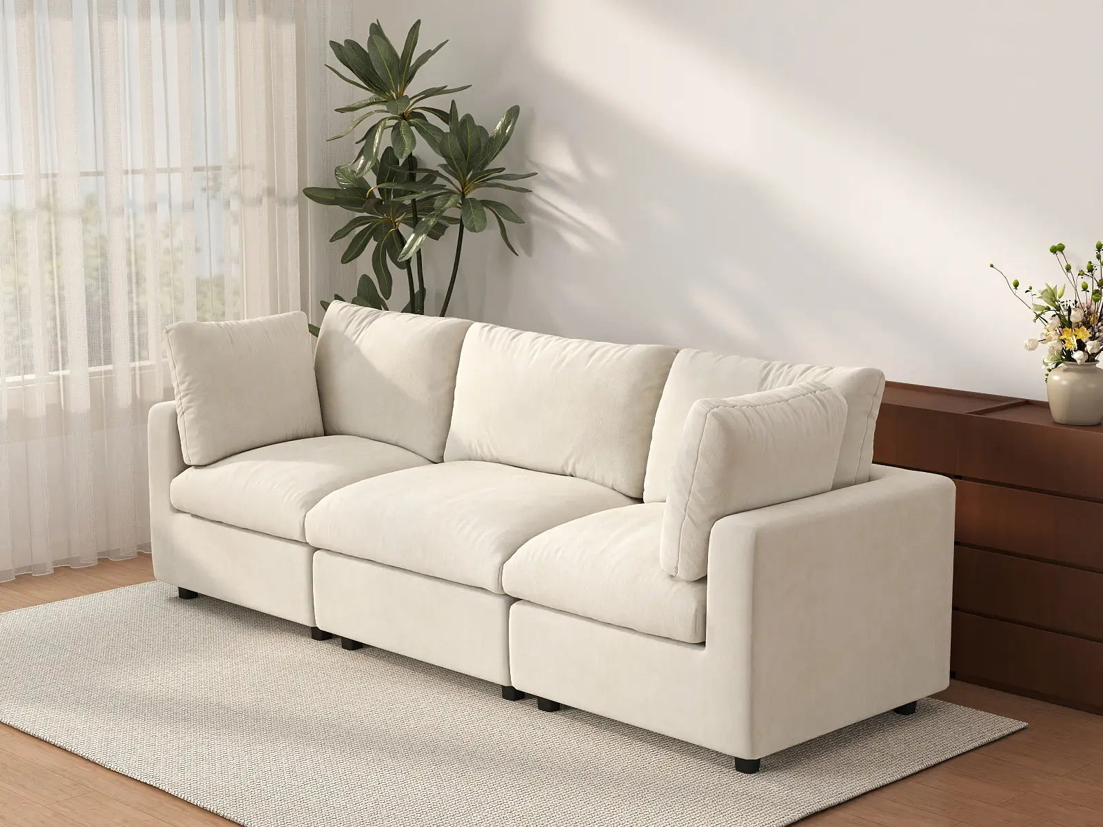 Sofá seccional de 3 plazas Deluxe Cloud beige para espacios pequeños | 3 piezas, tela de chenilla mezcla de lino, fácil de limpiar