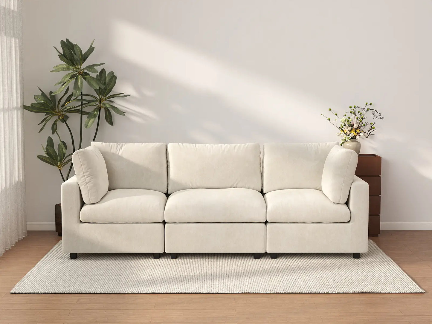 Sofá seccional de 3 plazas Deluxe Cloud beige para espacios pequeños | 3 piezas, tela de chenilla mezcla de lino, fácil de limpiar