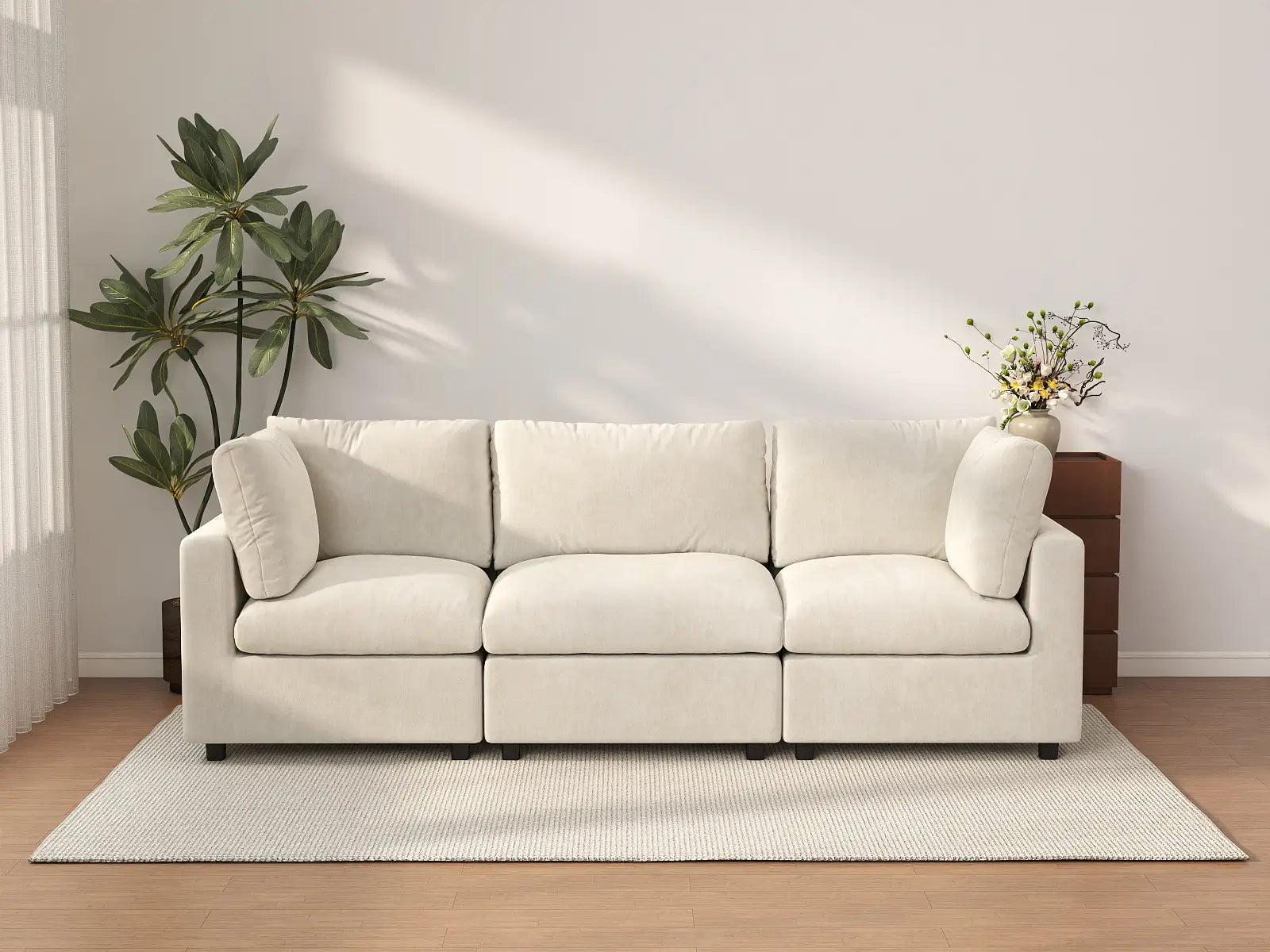 Sofá seccional de 3 plazas Deluxe Cloud beige para espacios pequeños | 3 piezas, tela de chenilla mezcla de lino, fácil de limpiar