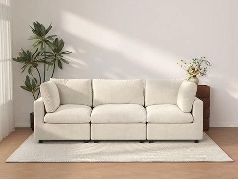 Sofá seccional de 3 plazas Deluxe Cloud beige para espacios pequeños | 3 piezas, tela de chenilla mezcla de lino, fácil de limpiar