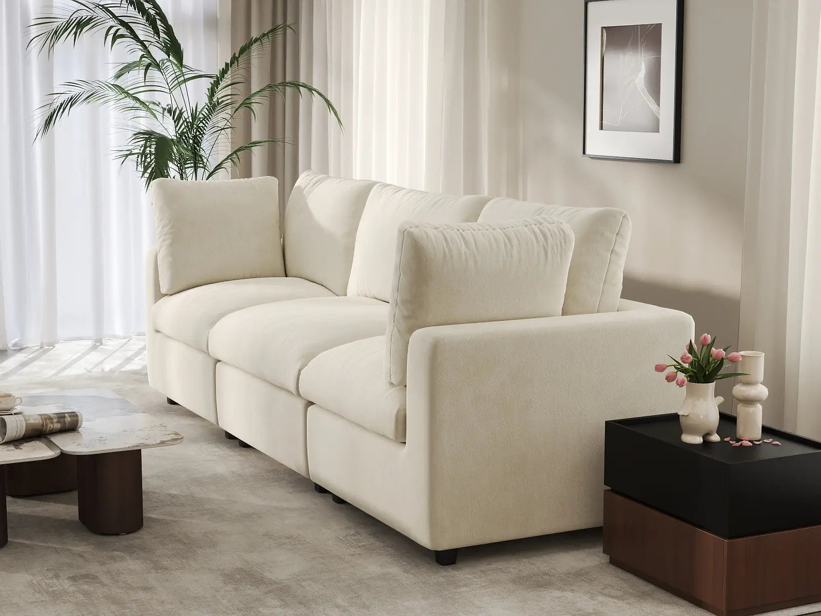 Sofá seccional de 3 plazas Deluxe Cloud beige para espacios pequeños | 3 piezas, tela de chenilla mezcla de lino, fácil de limpiar