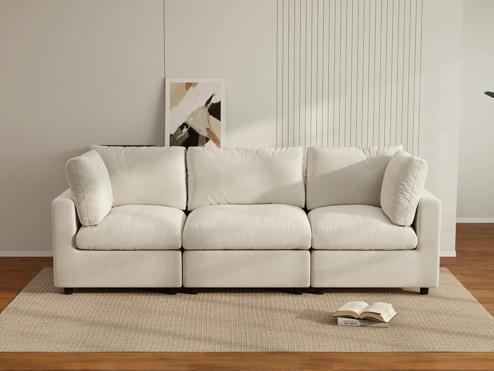 Sofá seccional de 3 plazas Deluxe Cloud beige para espacios pequeños | 3 piezas, tela de chenilla mezcla de lino, fácil de limpiar